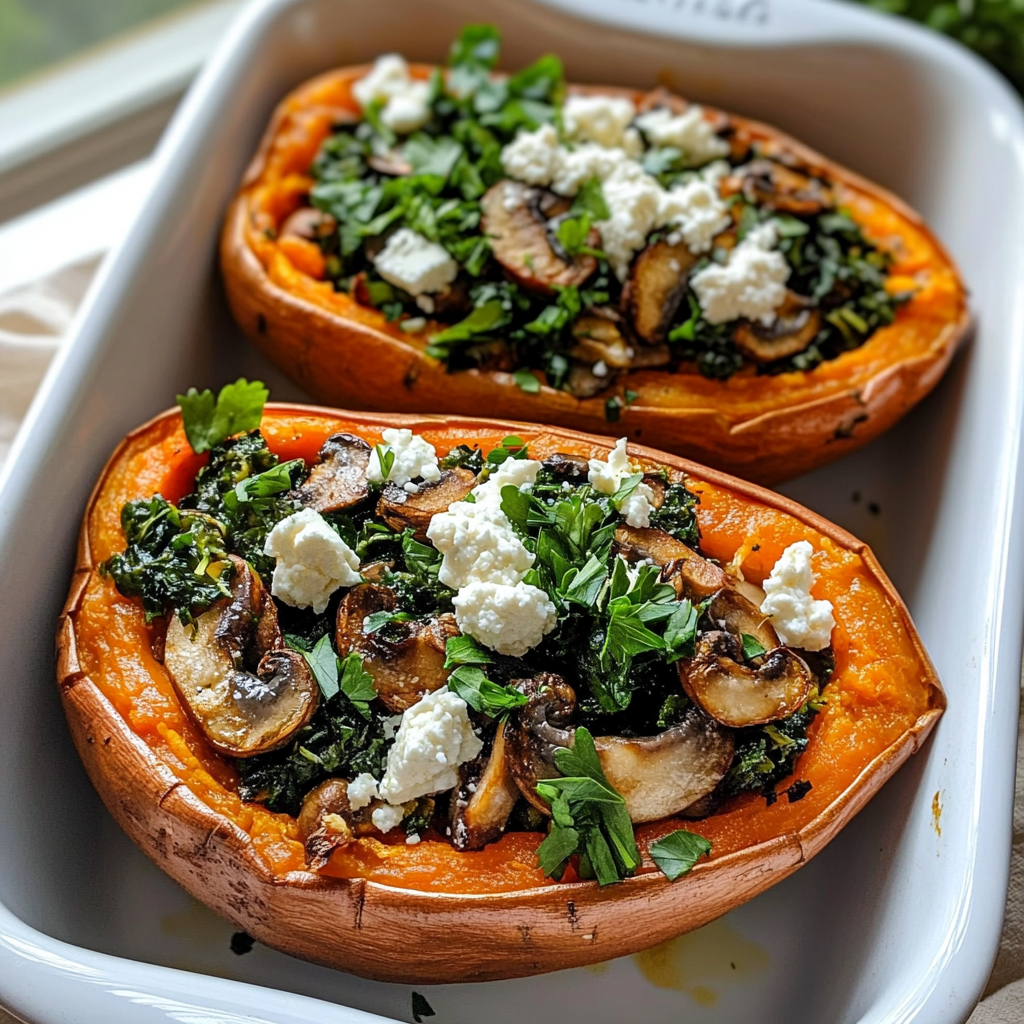 Stuffed Sweet Potatoes with Spinach, Mushroom