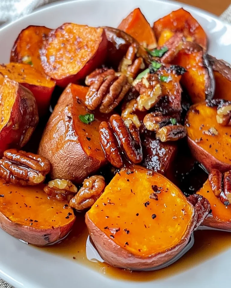 One-Pan Roasted Sweet Potatoes with Maple Dijon Glaze & Pecans