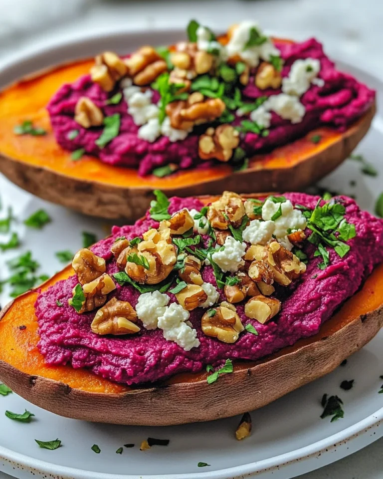 Stuffed Sweet Potato with Beet Hummus, Goat Cheese & Toasted Walnuts