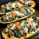 Spinach, mushroom, and ricotta stuffed zucchini boats topped with melted cheese
