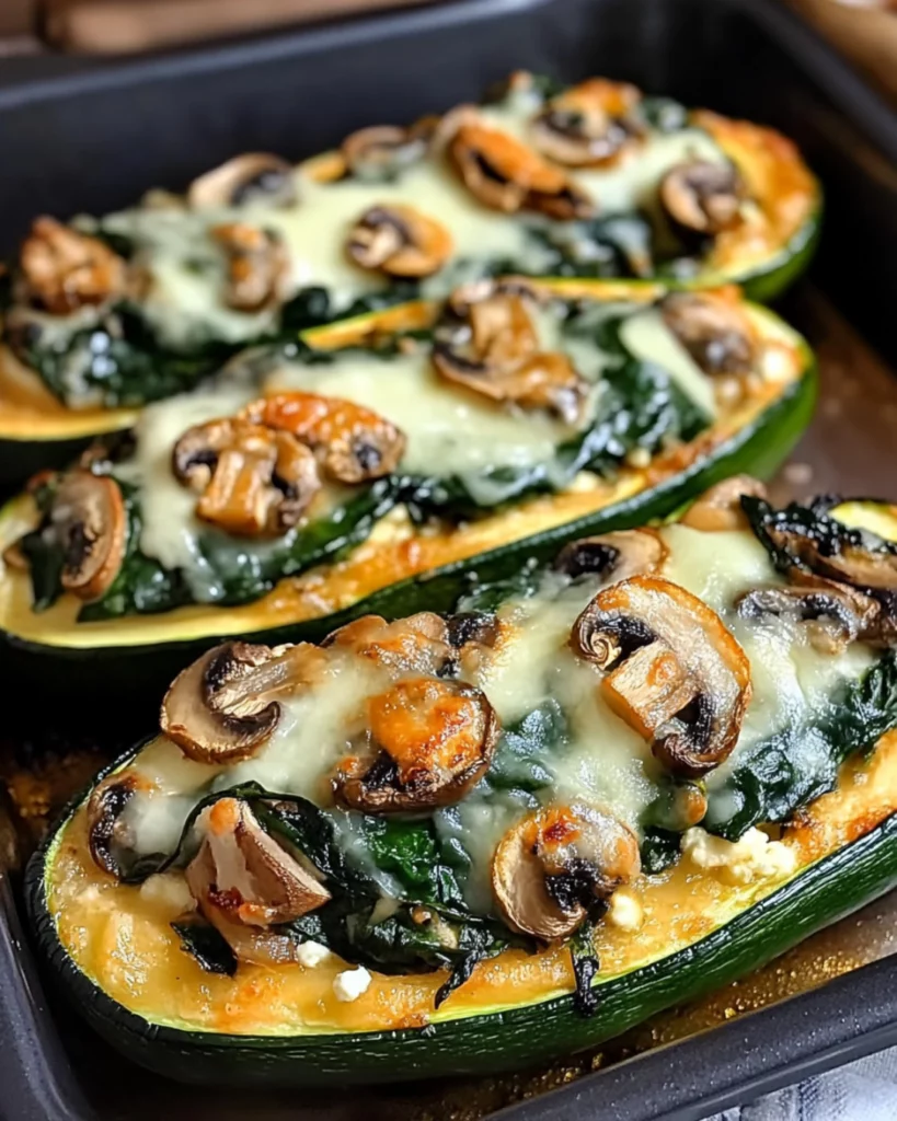Spinach, mushroom, and ricotta stuffed zucchini boats topped with melted cheese