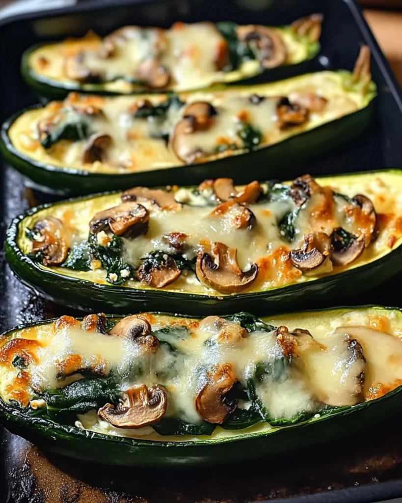 Spinach, mushroom, and ricotta stuffed zucchini boats topped with melted cheese