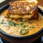 Bowl of spicy jalapeño popper soup with grilled cheese dippers on the side