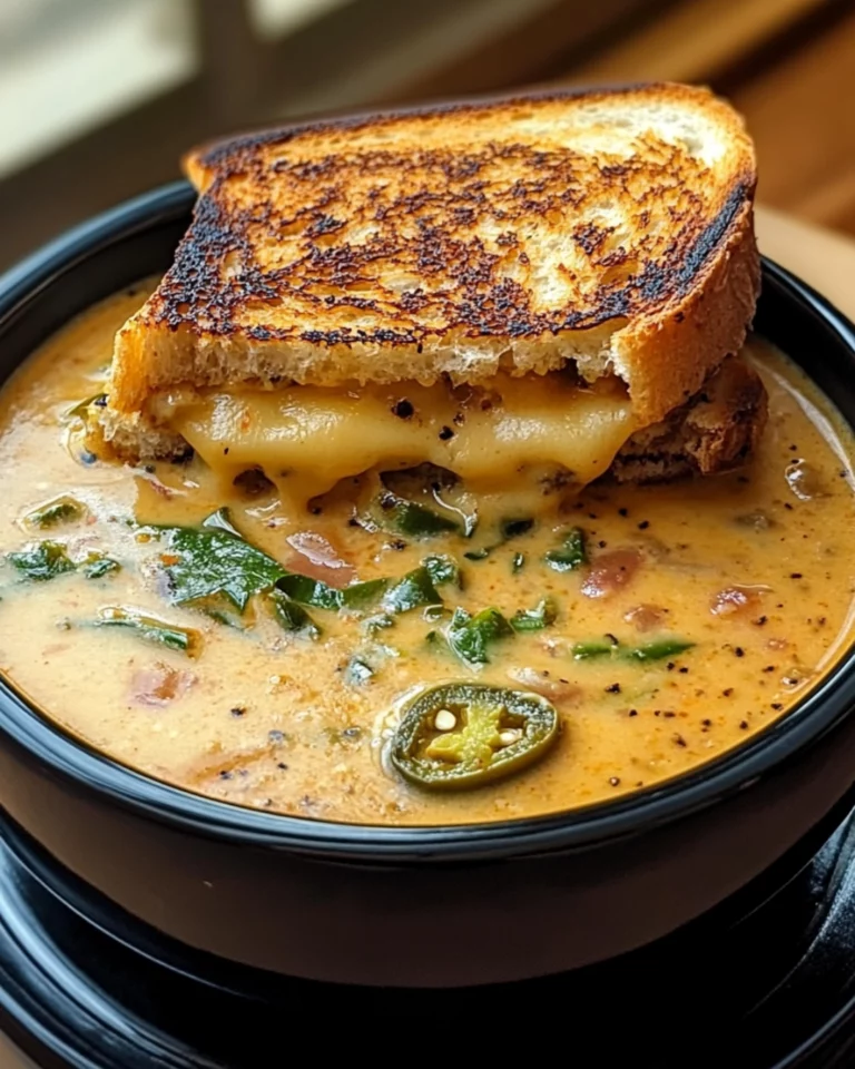 Bowl of spicy jalapeño popper soup with grilled cheese dippers on the side