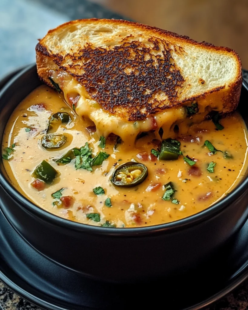 Bowl of spicy jalapeño popper soup with grilled cheese dippers on the side