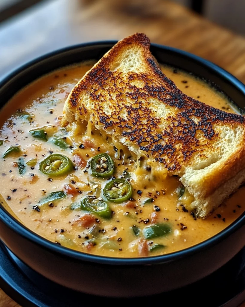 Bowl of spicy jalapeño popper soup with grilled cheese dippers on the side