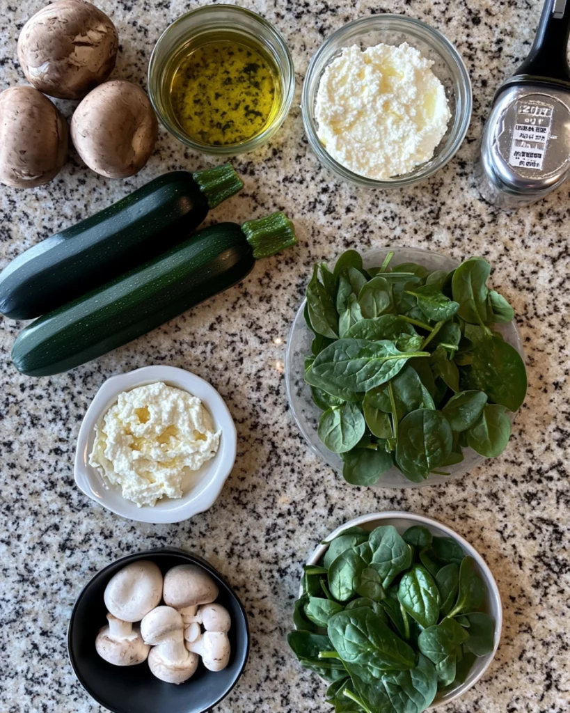 Spinach, mushroom, and ricotta stuffed zucchini boats topped with melted cheese