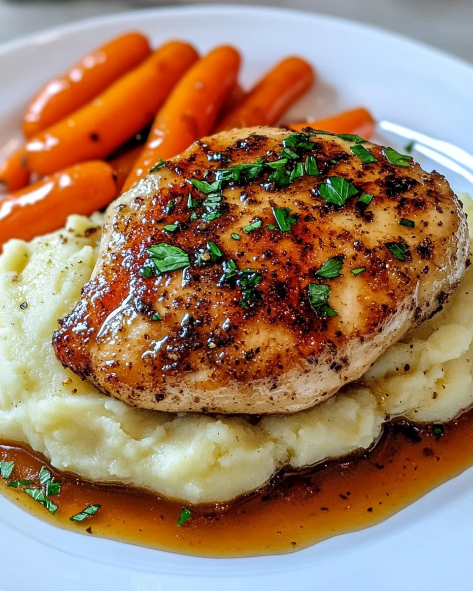 GARLIC HERB CHICKEN WITH MASHED POTATOES AND GLAZED CARROTS