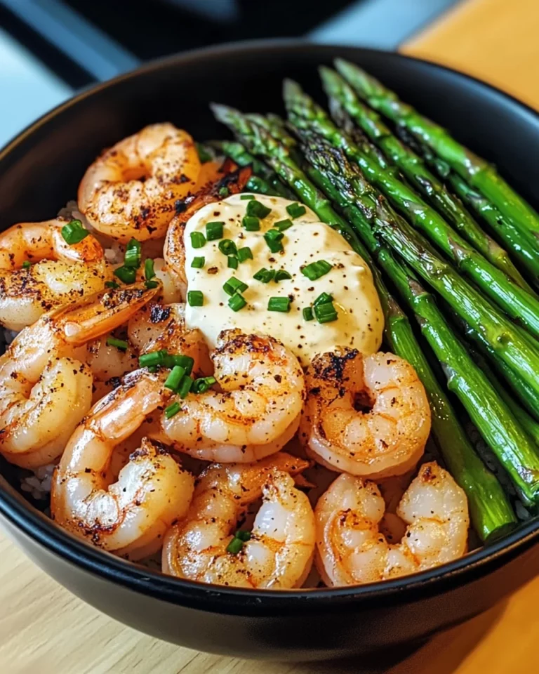 Grilled Shrimp Bowl with Asparagus & Creamy Garlic Sauce