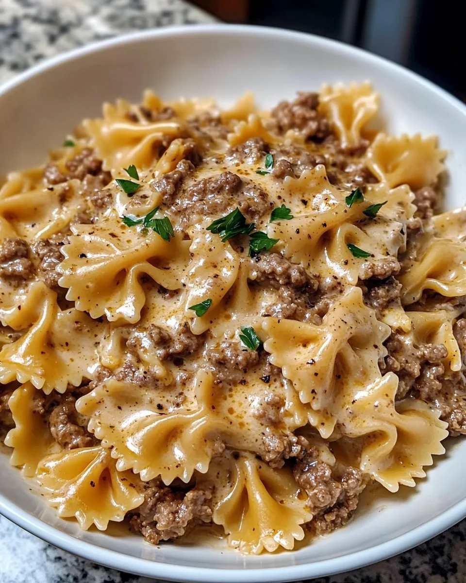Creamy Parmesan Garlic Beef Bowtie Pasta