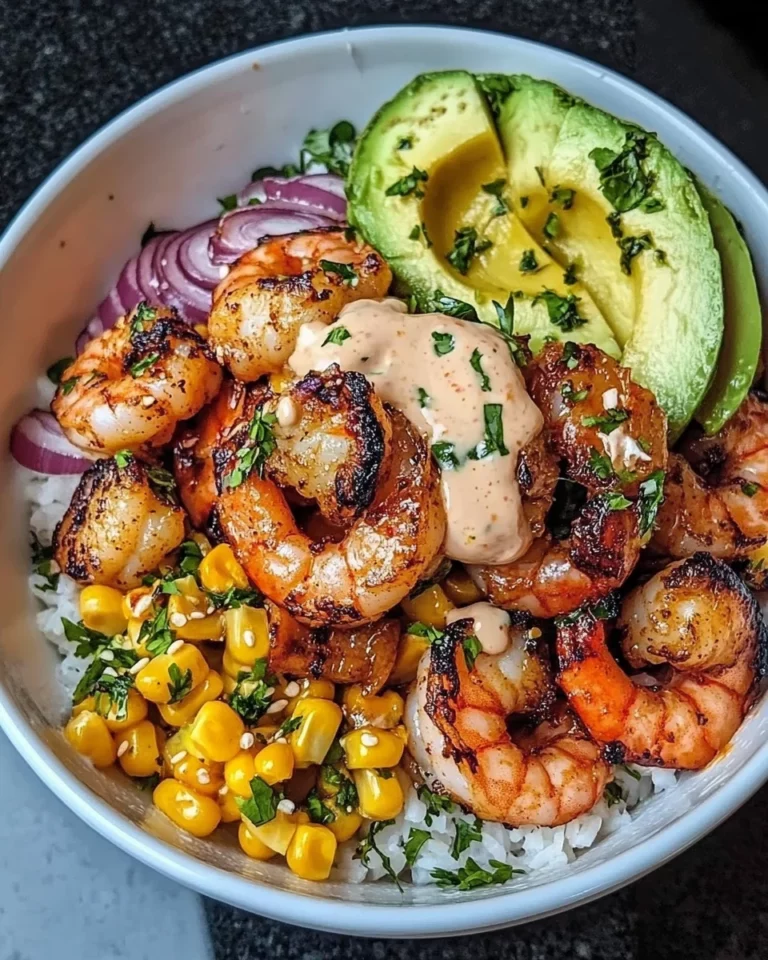 Grilled Shrimp Bowl with Avocado, Corn Salsa & Creamy Sauce