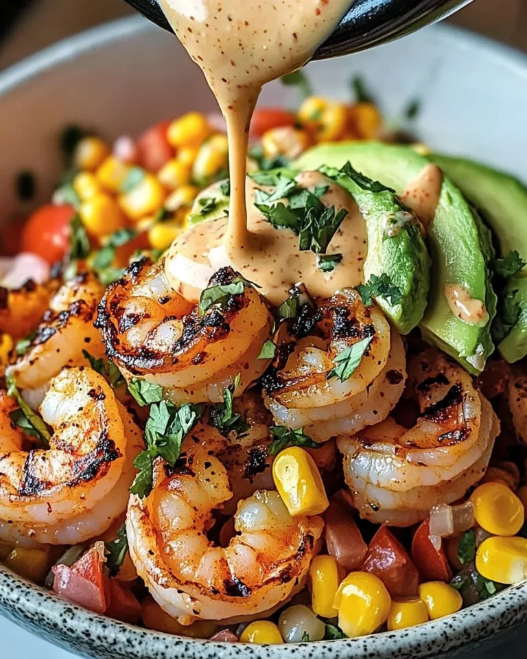 Grilled Shrimp Bowl with Avocado, Corn Salsa & Creamy Garlic Sauce