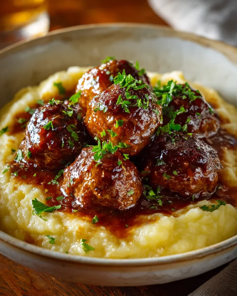 Salisbury Steak Meatballs With Garlic Herb Mashed Potatoes