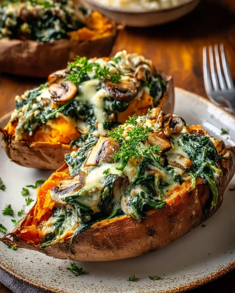 Creamy Mushroom and Spinach Stuffed Sweet Potatoes Delight!
