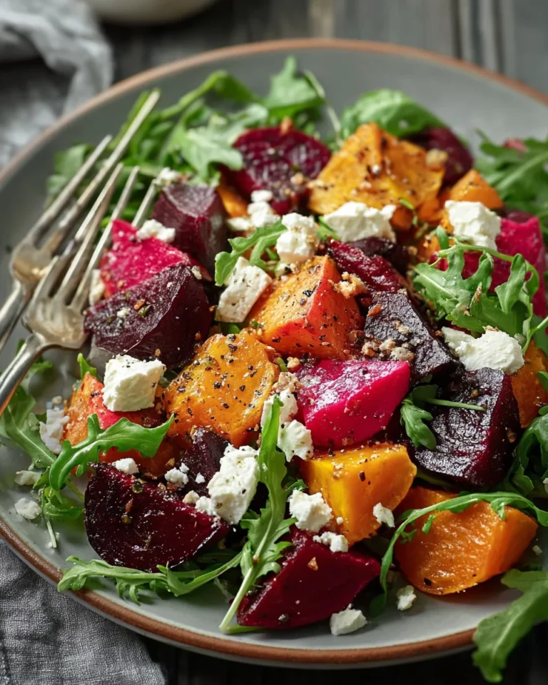 Creamy Roasted Beet Salad with Sweet Potato & Feta