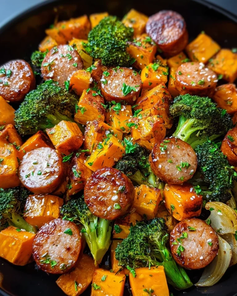 Sheet pan sausage and sweet potatoes with honey garlic sauce