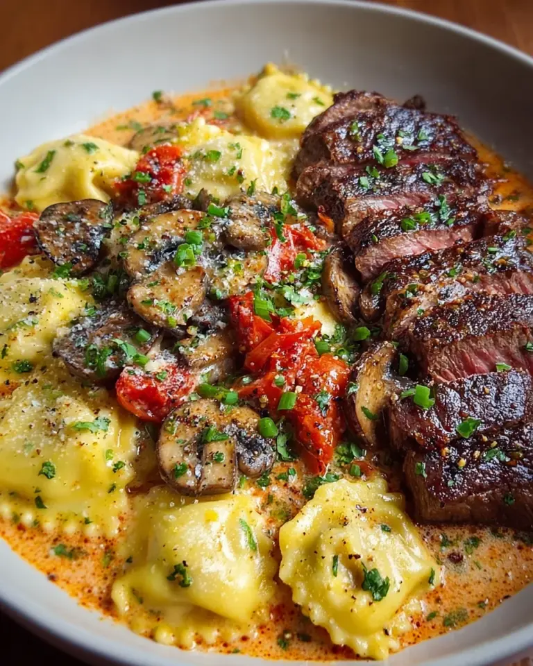Creamy Tomato Mushroom Ravioli with Seared Steak delights!