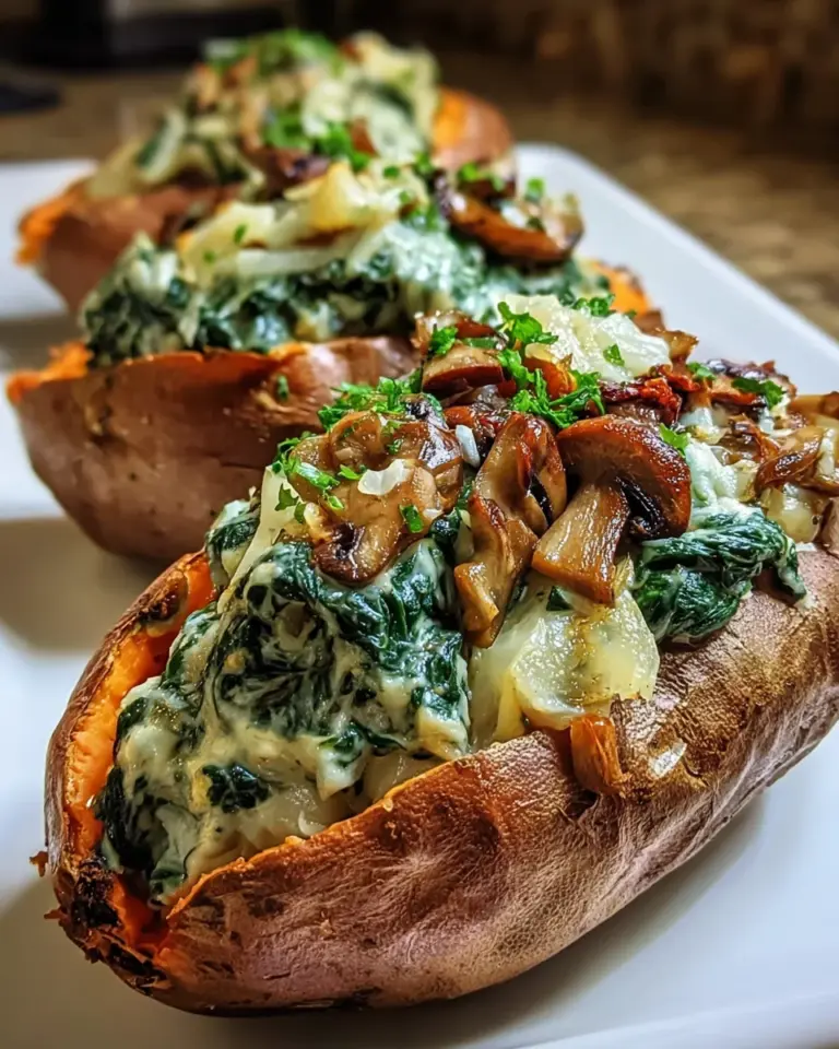 Creamy Mushroom Spinach Stuffed Sweet Potatoes Delight You!