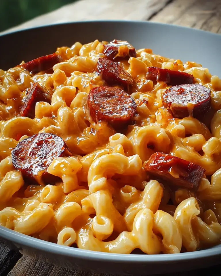 Spicy BBQ Cheddar Mac with Smoked Sausage is unforgettable!