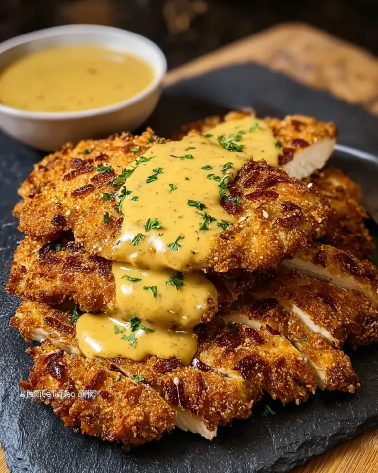 Pretzel-Crusted Chicken with Creamy Mustard Cheddar Sauce