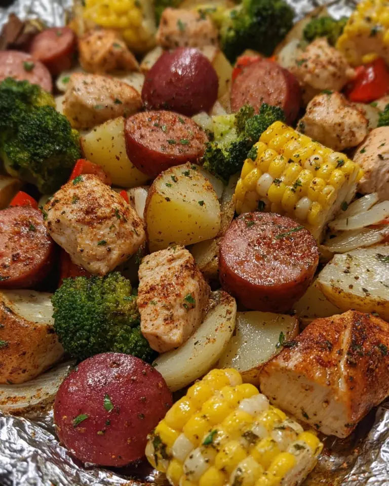 Chicken, Sausage, Potatoes, Broccoli And Corn Foil Packets