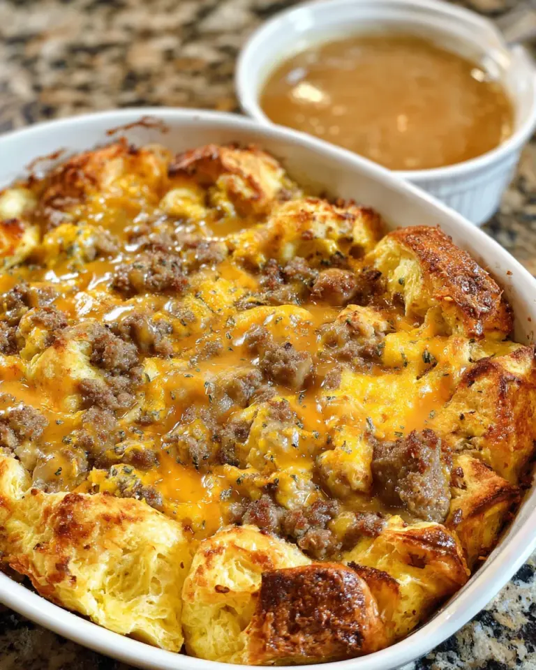 Overnight Croissant Breakfast Casserole Bake with Gravy