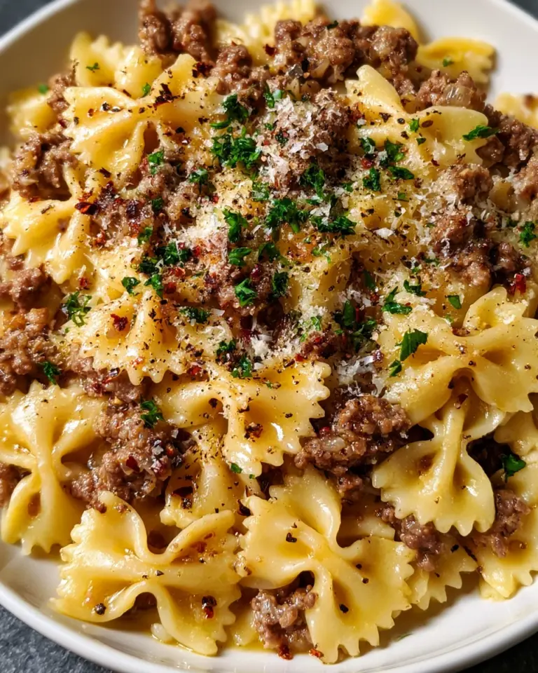 Garlic Butter Bowtie Pasta with Ground Beef