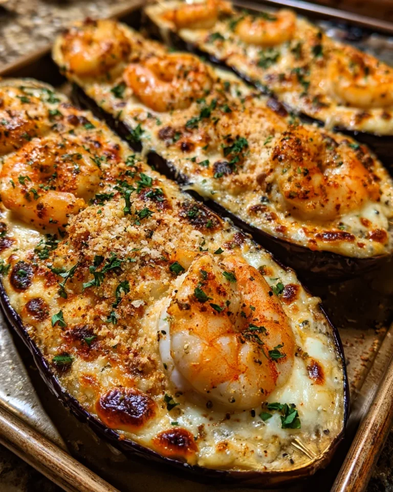 Garlic parmesan shrimp stuffed eggplant boats delightfully!