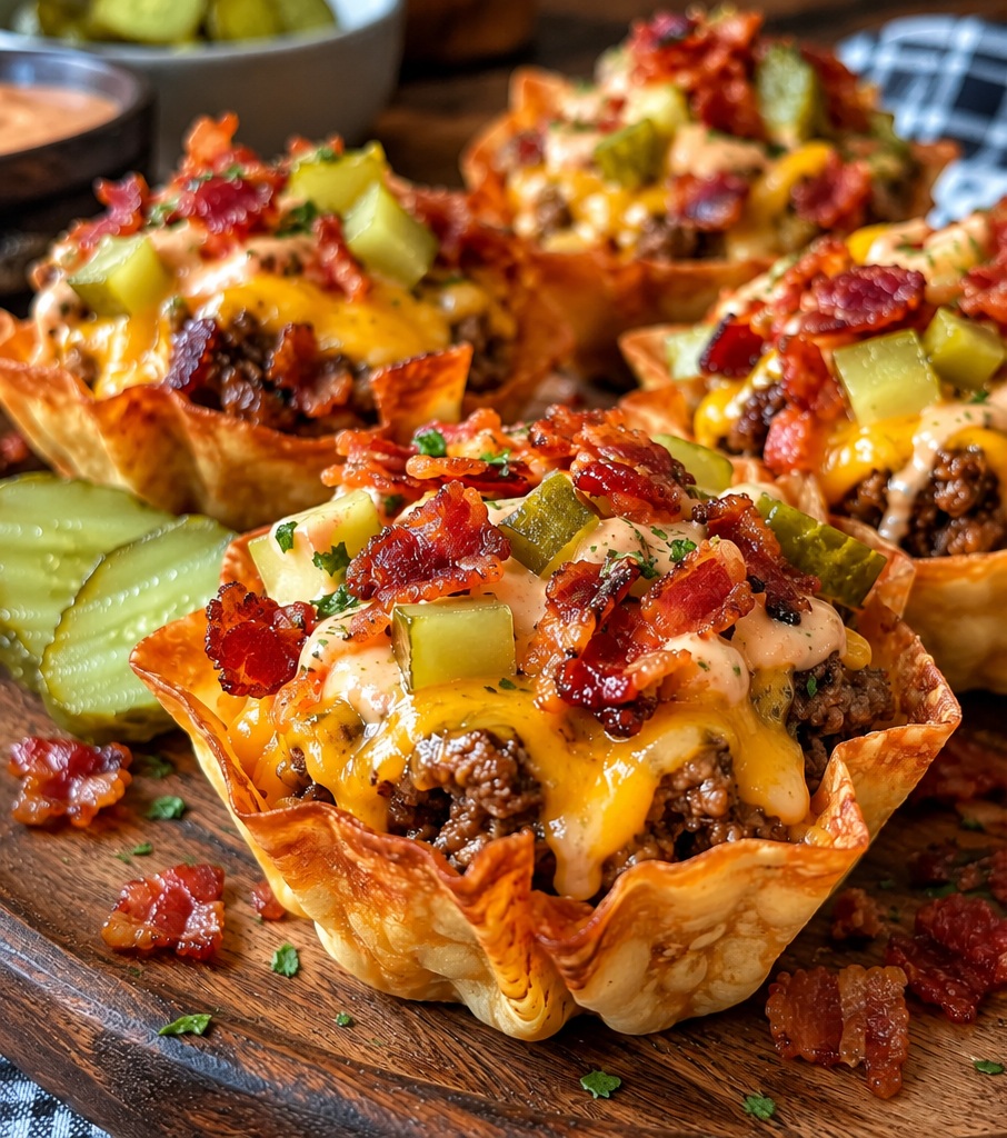 Crispy Bacon Cheeseburger Pickle Taco Cups