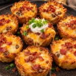 Bacon cheeseburger potato cups with crisp shredded hash brown shells, melted cheddar, bacon and a ranch-topped center cup.