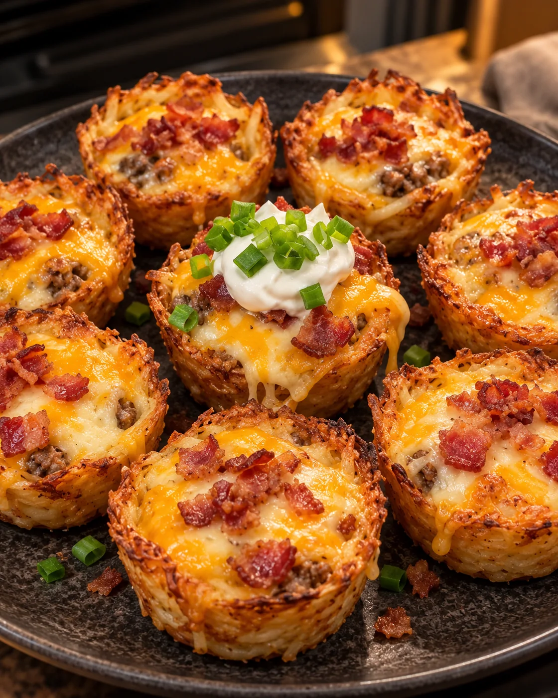 Bacon cheeseburger potato cups with crisp shredded hash brown shells, melted cheddar, bacon and a ranch-topped center cup.