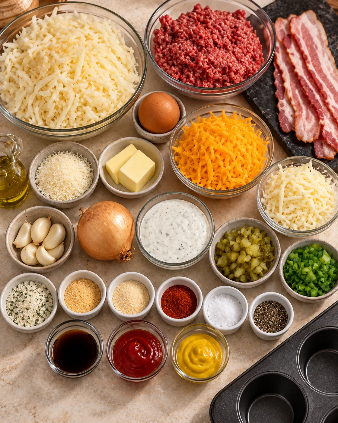 Ingredients for bacon cheeseburger potato cups arranged on a light countertop.