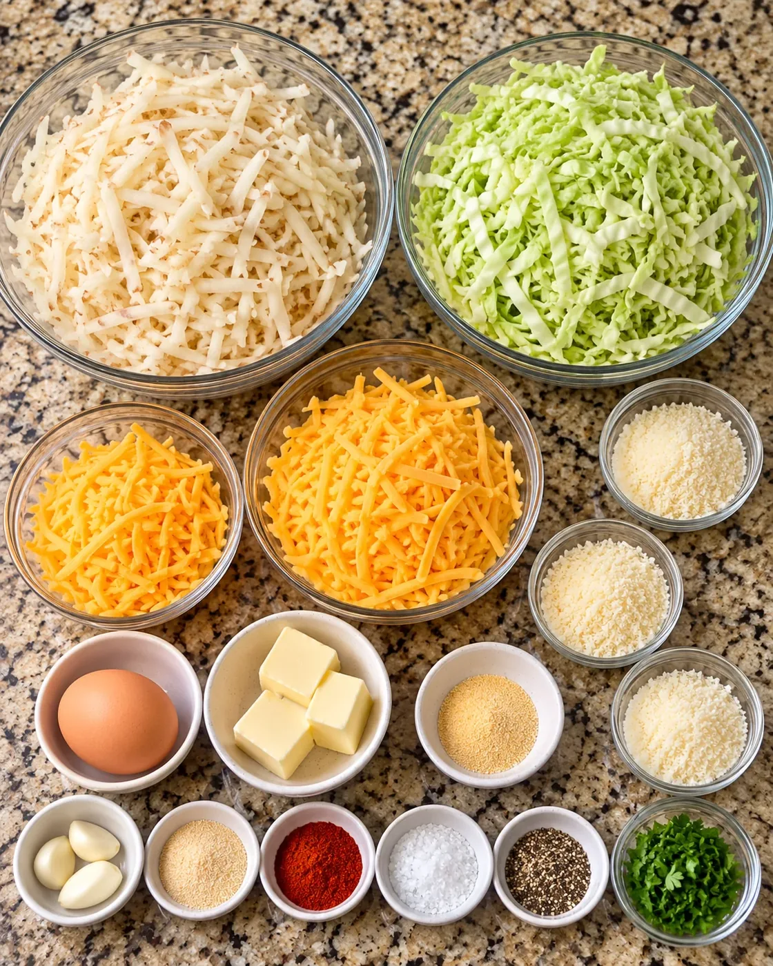Shredded potatoes, green cabbage, cheddar, Parmesan, egg, butter, garlic, spices, and parsley arranged for potato cups
