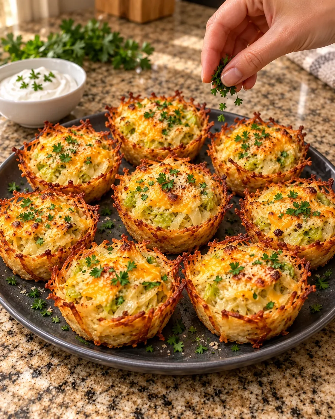 Fresh parsley sprinkled over baked cabbage potato cups with melted cheddar and Parmesan