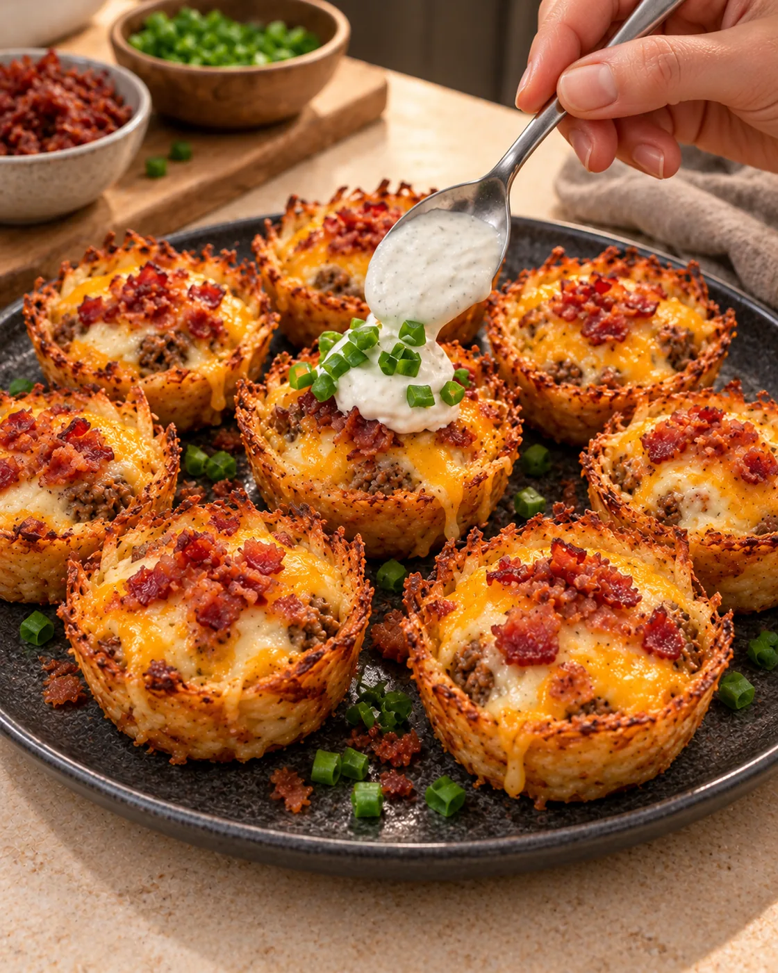 A hand spooning ranch onto bacon cheeseburger potato cups with melted cheese and green onions.
