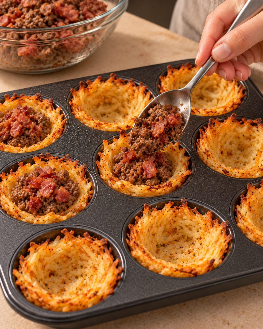 A spoon filling baked hash brown cups with cooked ground beef and crispy bacon.