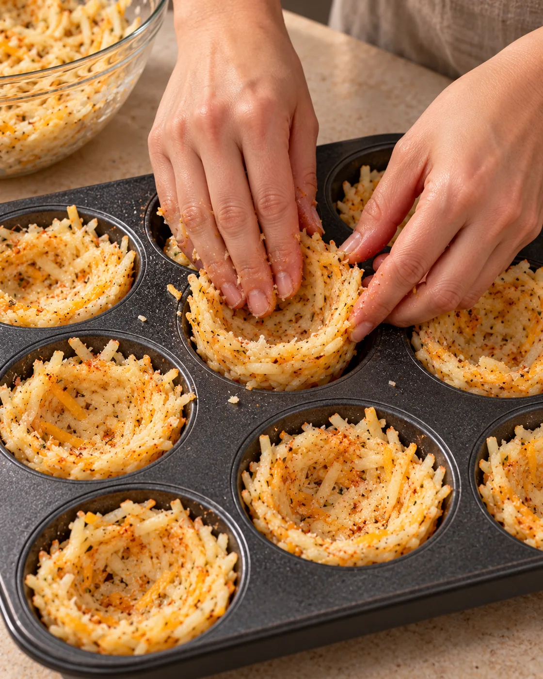 Hands pressing seasoned shredded hash browns into a metal muffin pan to form hollow potato nests.