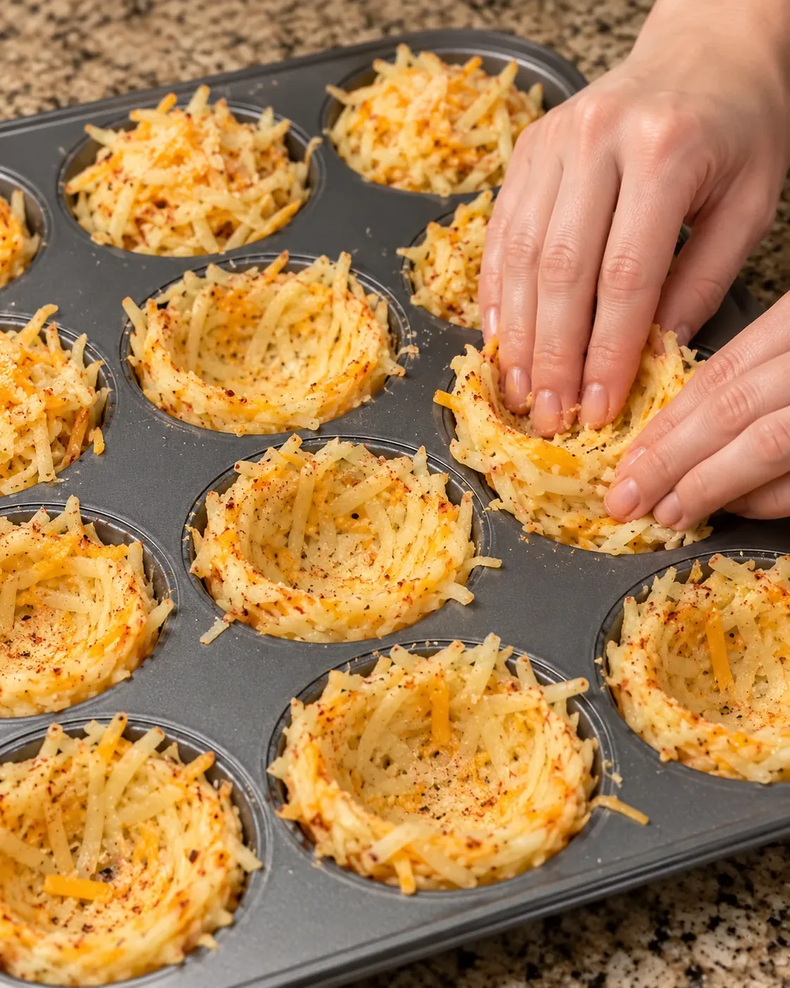 Hands pressing seasoned shredded potato and cheese mixture into hollow nests in a muffin pan