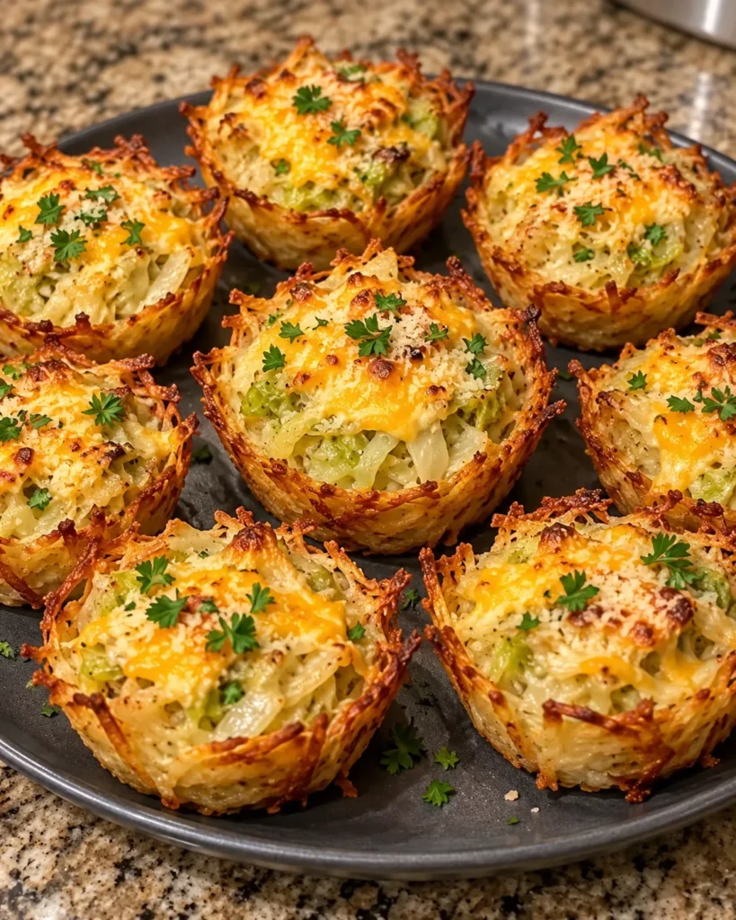Garlic Parmesan cabbage potato cups with crisp shredded potato edges, melted cheddar, and parsley on a charcoal platter